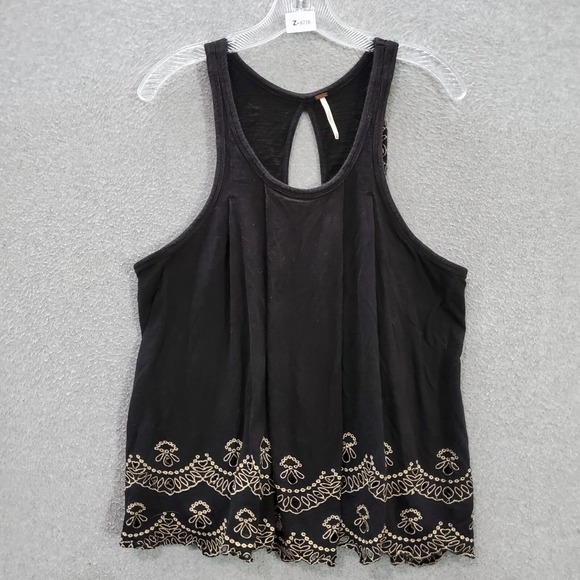 Free People Women Top M Black Attina Scalloped Tank Boho Embroidered Pleated - Picture 1 of 8